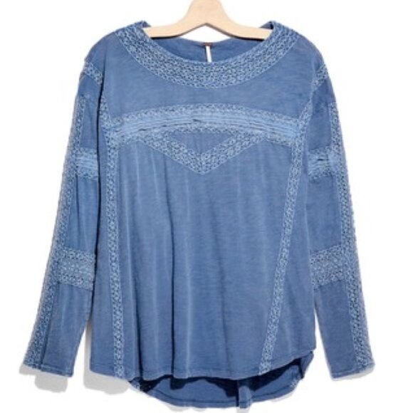 New Free People Crochet Long Sleeve Top in Blue Western Boho Size XS - Picture 4 of 11